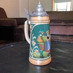 🌞Oktoberfest! Unusual Vintage Lidded German Beer Stein in Green!